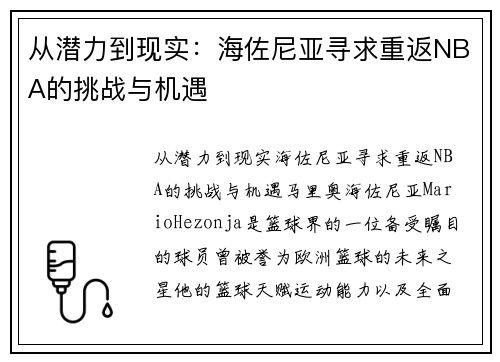 从潜力到现实：海佐尼亚寻求重返NBA的挑战与机遇