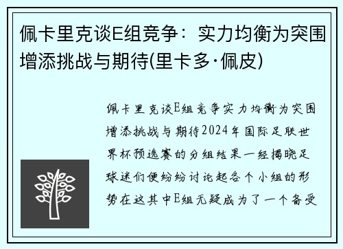 佩卡里克谈E组竞争：实力均衡为突围增添挑战与期待(里卡多·佩皮)